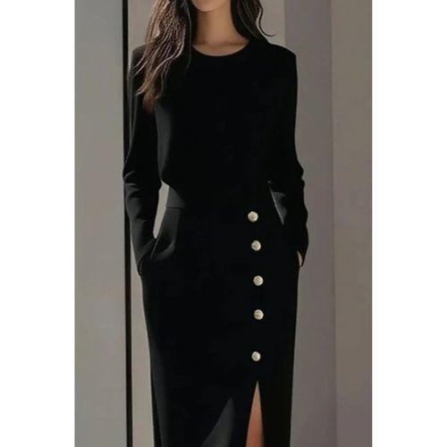 Kadın Uzun Kollu Bisiklet Yakalı Yandan Yırtmaçlı Düğmeli Midi Ithal Krep Elbise