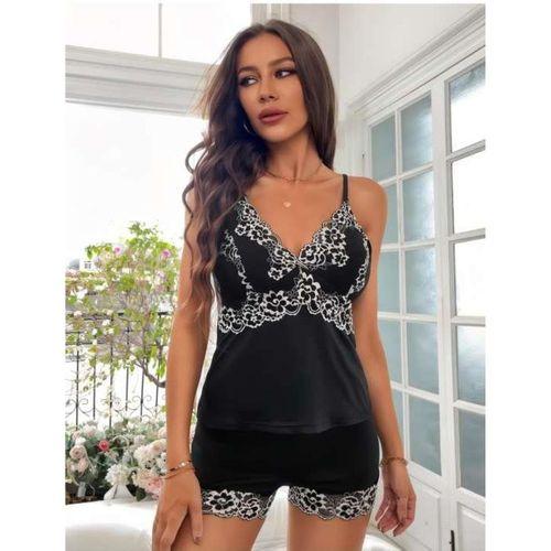 Beyaz Dantel İşlemeli Siyah İnce Askılı Saten Şortlu Takım