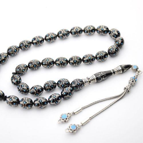 Kule Model Mavi Mine ve Gümüş İşlemeli Oltu Sıkması Tespih