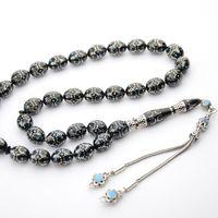 Kule Model Mavi Mine ve Gümüş İşlemeli Oltu Sıkması Tespih