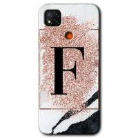 Redmi 9c Kılıf HD Desen Baskılı Arka Kapak - Pembe Mermer Desenli F Harfi + Kırılmaz Cam