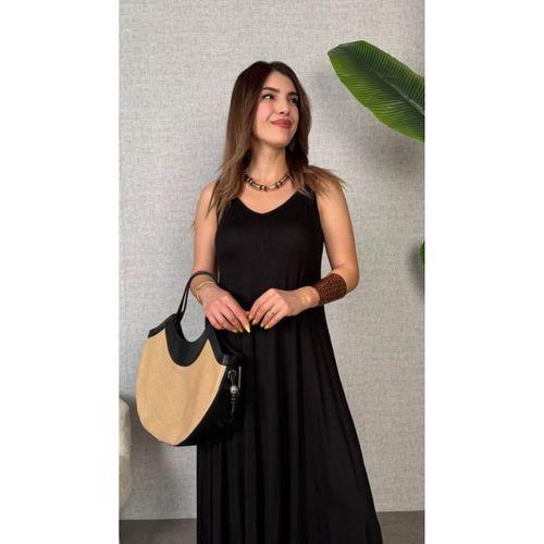 Kadın Askılı V Yakalı Halka Detaylı Asimetrik Kesim Detaylı Viskon Maxi Elbise