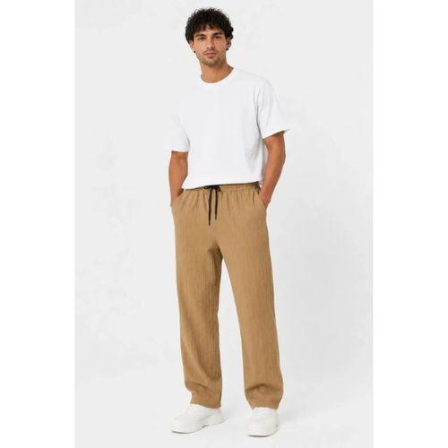 Erkek 2li Bürümcük Kumaş Beli Lastikli Bağcıklı Bol Paça Pantolon - Beyaz/Vizon