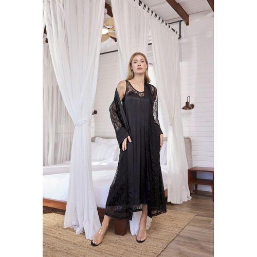 %100 Viskon Dantelli Ve Dekolteli Saten Sabahlık Takımı