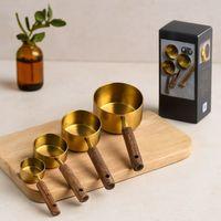 4'lü ölçü kaşık seti (250/125/80/60 ml) - gold metal ahşap saplı