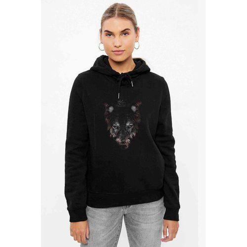 Kurt Wolf Geyik Animal Baskılı Siyah Kadın Kapşonlu Sweashirt