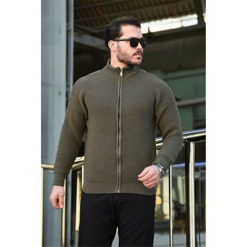 Oversize Selanik Örme Fermuarlı Erkek Hırka- Haki
