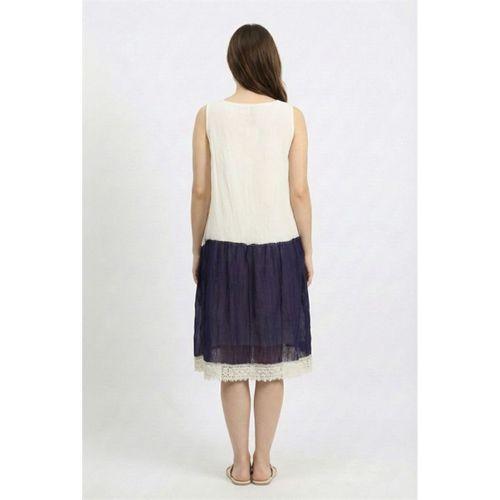 Kolsuz Papatya Yuvarlak Yaka Dantel Detaylı Yazlık Vual Kısa Elbise Krem/Mor Krm/Mr