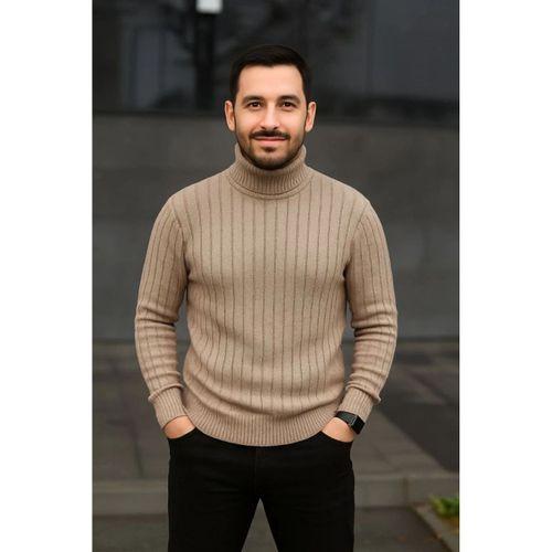 Erkek Balıkcı Yaka Bağazlı Triko Kazak Pamuklu Kalın Fitilli Dokuma, Regular Fit Uzun Kollu Kışlık Model - Bej