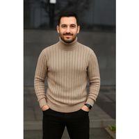 Erkek Balıkcı Yaka Bağazlı Triko Kazak Pamuklu Kalın Fitilli Dokuma, Regular Fit Uzun Kollu Kışlık Model - Bej