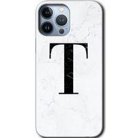 MRCİLETİSİM iPhone 13 Pro Kılıf Baskılı Kapak - Beyaz Mermer Desenli T Harfi + 5D Tam Kaplayan Cam