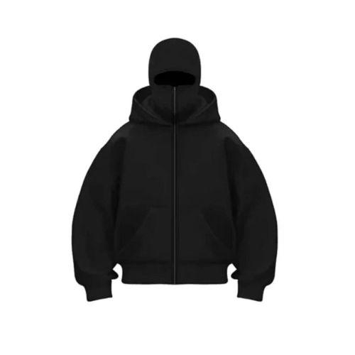 Samuray Ninja Çift Kapşonlu ZIP Fermuarlı Kanguru Çepli Hoodie Maske Detaylı Swetshirt - Siyah