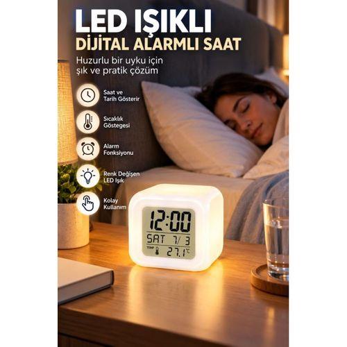 Dekoratif Küp Saat Led Işıklı Dijital Saat Alarm Ve Sıcaklık Özellikli