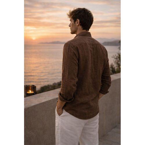 Nefes Alabilir Yarım Oversize Müslin Kumaş Uzun Kol Yakalı Erkek Gömlek - Kahve