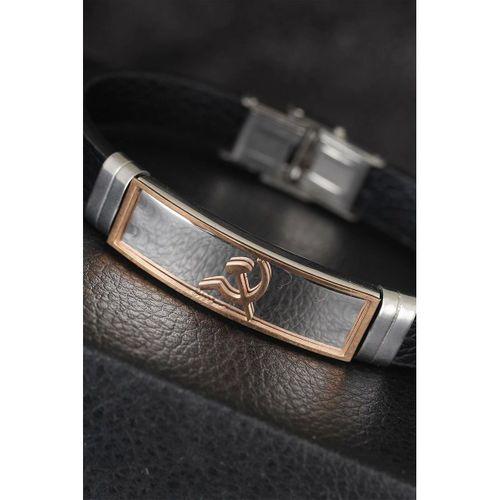 Rose Renk Orak Figürlü Metal Aksesuarlı Siyah Renk Deri Erkek Bileklik