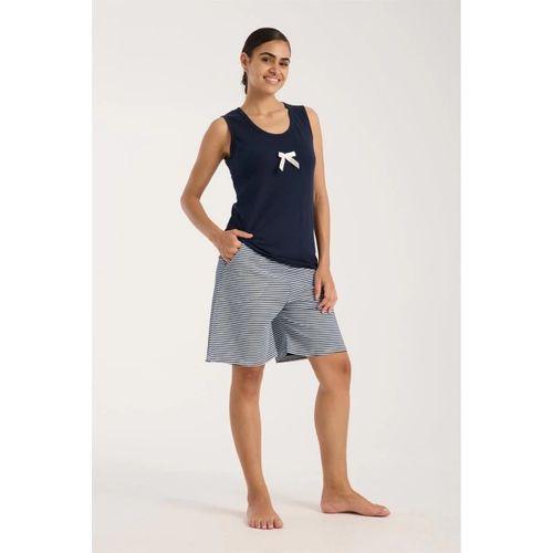 Kadın Lacivert Kurdele Detaylı Çizgili Şortlu Pijama Takımı