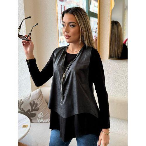 Kadın Uzun Kollu Asimetrik Kesim Viskon Bluz Ve çatlak Deri Görünümlü Yelek Ikili Takım