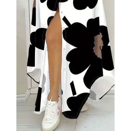 Kadın Yakalı önden Düğmeli çiçek Desenli Uzun Süprem Elbise