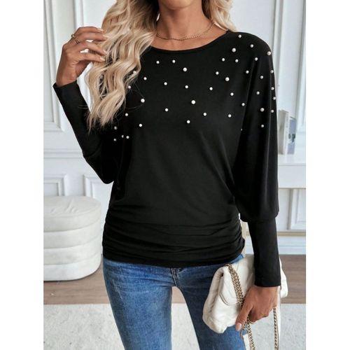 Kadın Uzun Kollu Yuvarlak Yaka Incili Viskon Bluz