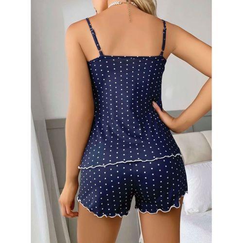 Kadın Lacivert Beyaz Puantiyeli Dantel Detaylı Şortlu Gecelik Pijama Takımı Şık 2’li Set