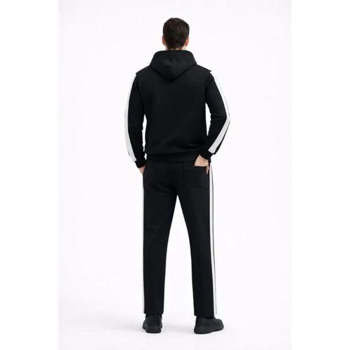 Erkek Şeritli Eşofman Takım Kapüşonlu Sweatshirt Boru Paça Alt, Oversize 3 Iplik Pamuklu - Siyah