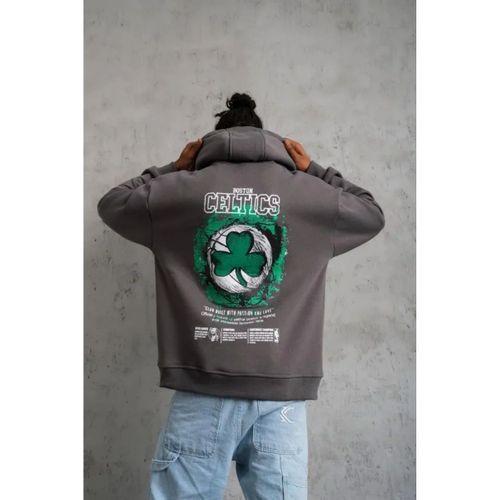 Erkek Baskılı Kapüşonlu Ve Kordon İpli Sweat - Gri