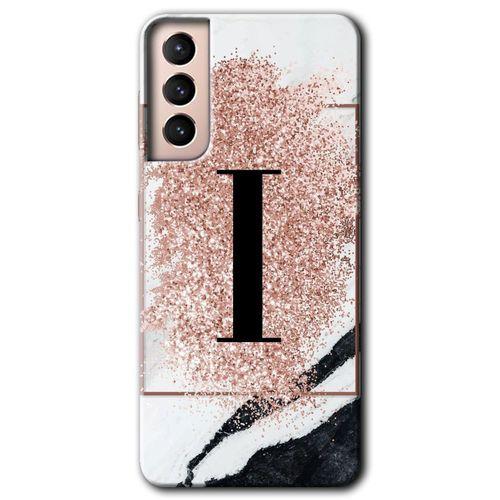 Samsung Galaxy S21 Plus Kılıf HD Desen Baskılı Arka Kapak + Temperli Cam - Pembe Mermer Desenli I Harfi