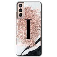 Samsung Galaxy S21 Plus Kılıf HD Desen Baskılı Arka Kapak + Temperli Cam - Pembe Mermer Desenli I Harfi