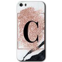 MRCİLETİSİM iPhone 5 Kılıf HD Desen Baskılı Arka Kapak + Mat Kobra Cam - Pembe Mermer Desenli C Harfi