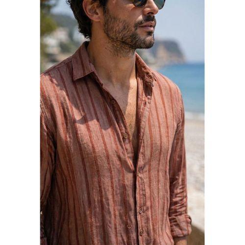 Ralph Çizgi Desenli Yumuşak Dokulu Rahat Kalıp Yazlık Erkek Gömlek - Acı Kahve
