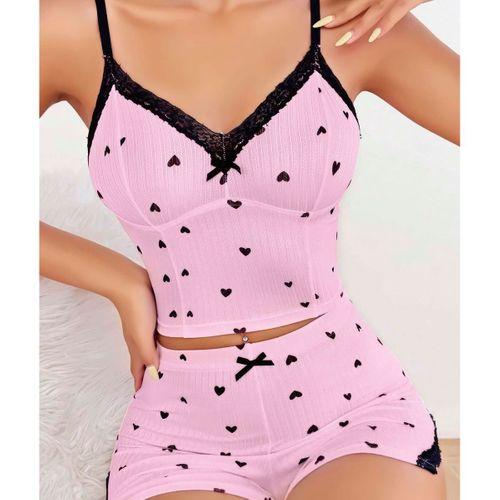 Pembe Kalp Desenli Askılı Şortlu Pijama Takım