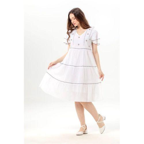 Kısa Kol Pullu Işıl V Yaka Şile Bezi Yazlık Midi Boy Otantik Elbise Beyaz Byz