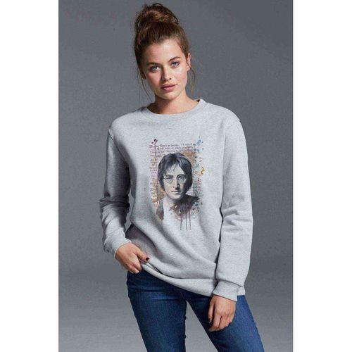 John Lennon Baskılı Gri Kadın Sweatshirt