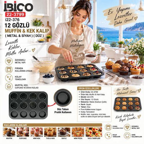 12 Gözlü Metal Muffin Kek Kalıbı - Siyah (Düz)