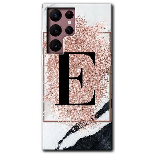 Galaxy S22 Ultra Kılıf HD Desen Baskılı Arka Kapak - Pembe Mermer Desenli E Harfi