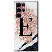 Galaxy S22 Ultra Kılıf HD Desen Baskılı Arka Kapak - Pembe Mermer Desenli E Harfi