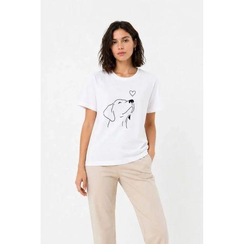 Köpek Figürlü Minimal Baskılı Tişört Kısa Kol Yazlık T-Shirt - Beyaz