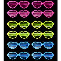 Retro Neon Fosforlu Kalp Panjur Gözlük 12 Adet – 80’ler 90’lar Parti Stili
