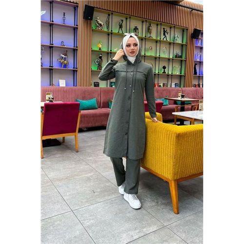 Kapşonlu Düğmeli Sade Basic Uzun Tunik ve Pantolon İkili Spor Takım - 03072.005 - Haki