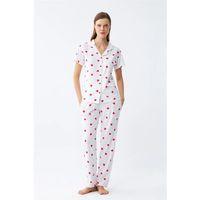 Kadın Beyaz Kırmızı Kalpli Önden Düğmeli Pijama Takımı