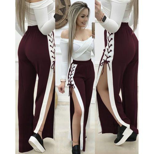 Kadın Yüksek Bel Yandan çapraz Bağcıklı Yırtmaçlı Viskon Iki Iplik Pantolon