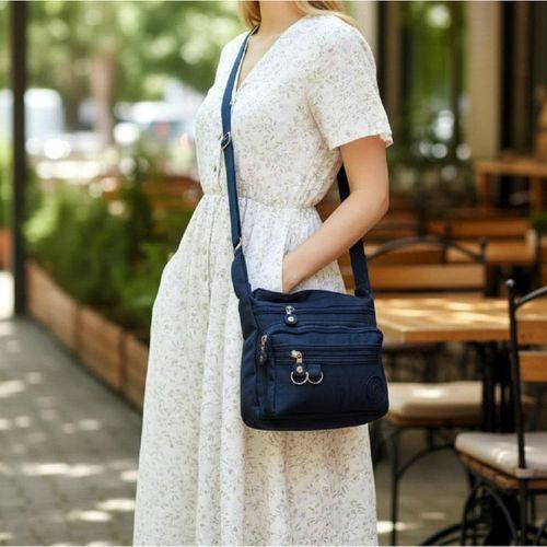 Fiyra ç2 Lacivert Beş Gözlü Krinkıl Kumaş Bayan Çapraz Omuz Çanta