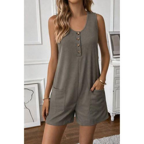 Kadın Omuz Askılı önden Düğmeli Waffle Kısa Tulum