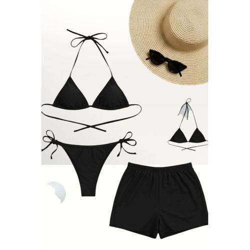 Siyah 3’lü Bikini Takımı Şortlu Yandan Bağlamalı Üçgen Üst Esnek Kadın Mayo