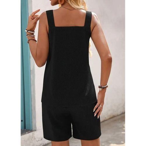 Kadın Askılı Yuvarlak Yaka Kuş Gözü Detaylı Bürümcük Bluz Ve Short Ikili Takım