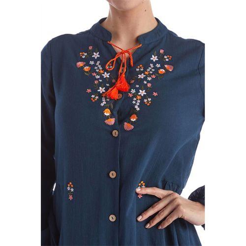 Uzun Kol Petrol Nakışlı Püskül Bağcıklı Hakim Yaka Yazlık Şile Bezi Uzun Elbise