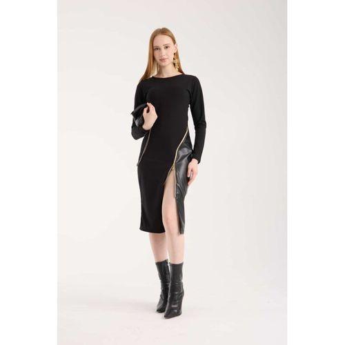 Kadın Bisiklet Yaka Uzun Kollu Deri Ve Fermuar Detay Mini Yırtmaçlı Elbise