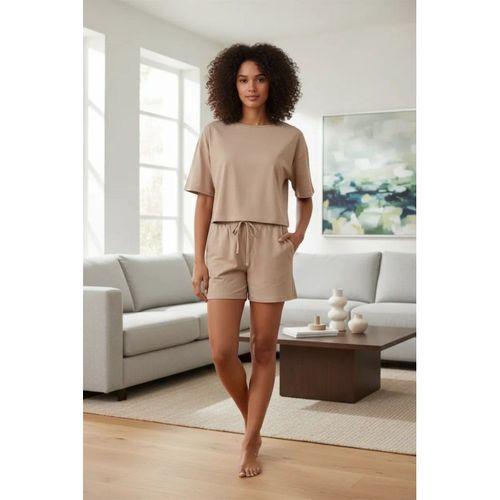 Kadın Bej Kısa Kollu Şortlu Pijama Takımı Rahat Yumuşak Dokulu Ev Giyim Seti