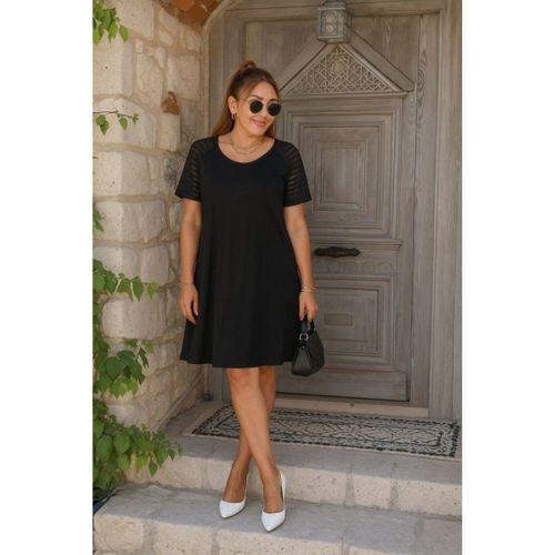 Kadın Kısa Kollu Yuvarlak Yaka şerit Kol Detaylı Viskon Elbise