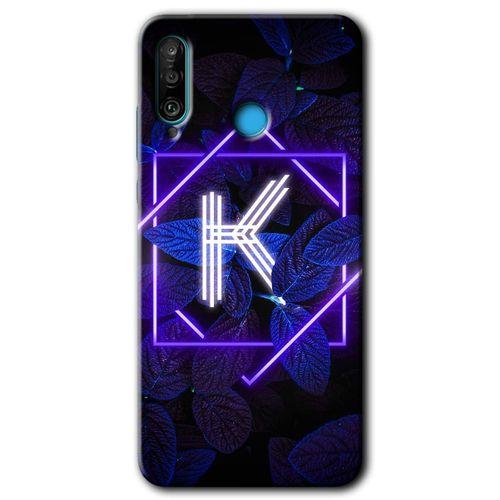 Huawei P30 Lite Kılıf Baskılı Kapak - Dark Neon Yaprak K Harfi +Tam Kaplayan Mat Seramik